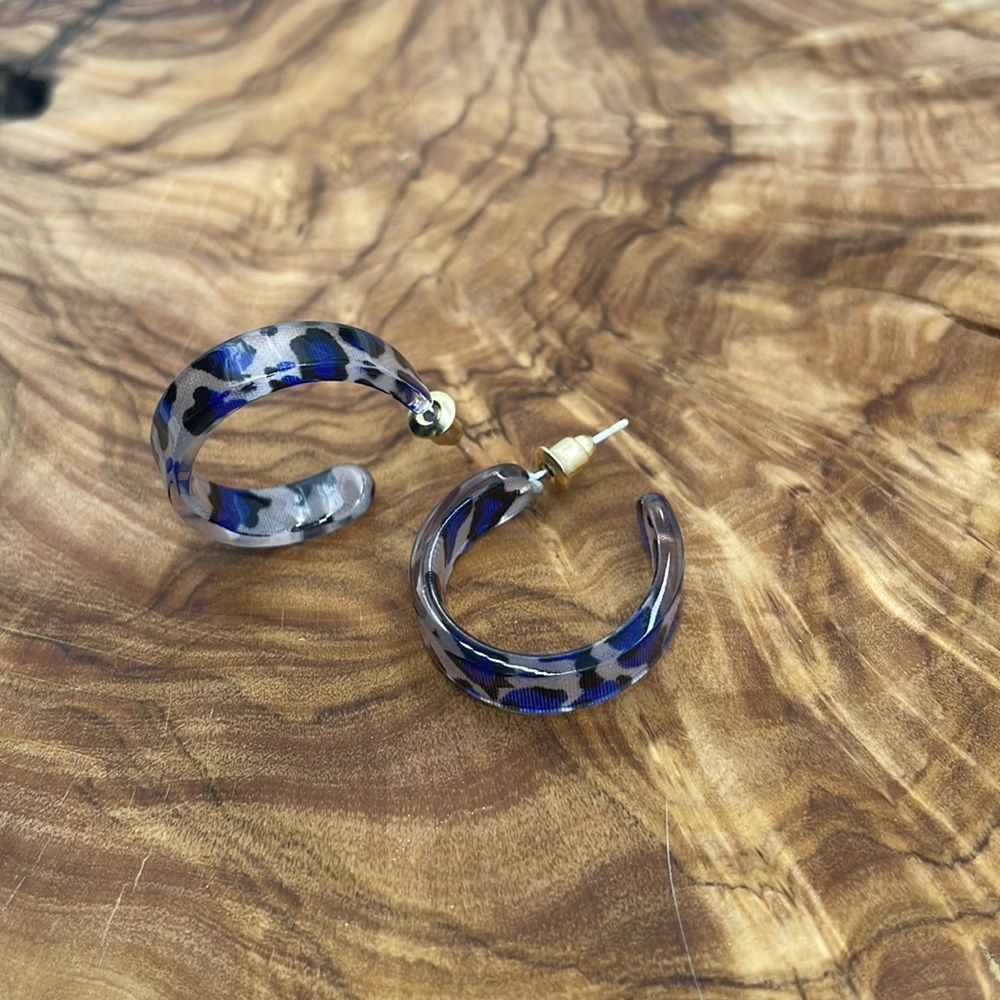Acrylic Clear Blue and Black Leopard Print C Hoop Earrings